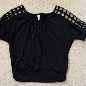 Studio Y Black Short Sleeve Top with Lattice Shoulders